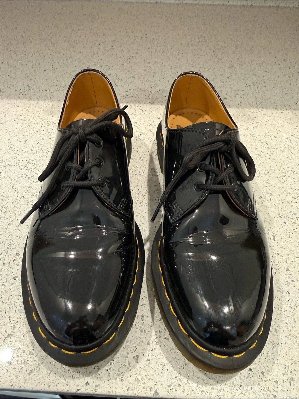Dr. Martens Black Patent Lace-Up Shoes with Yellow Stitching